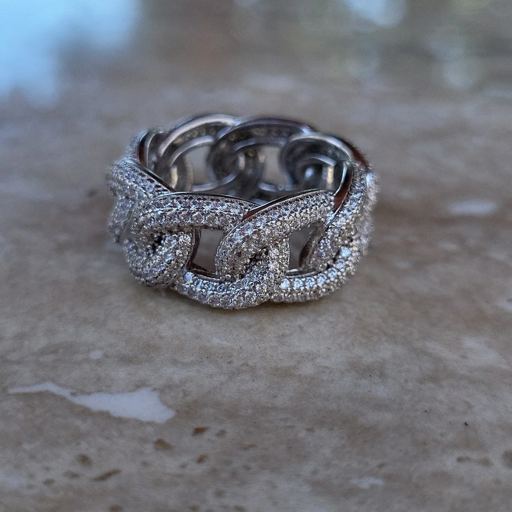 925 Sterling Cuban Chain Link Ring With Simulated Diamonds